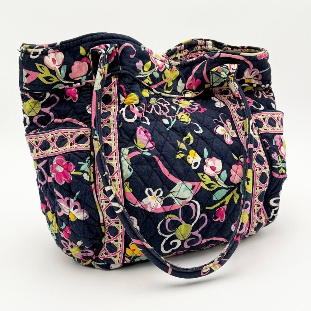 Vera Bradley Navy Blue Quilted Mandy Shoulder Tote Bag in Ribbons of Hope Print